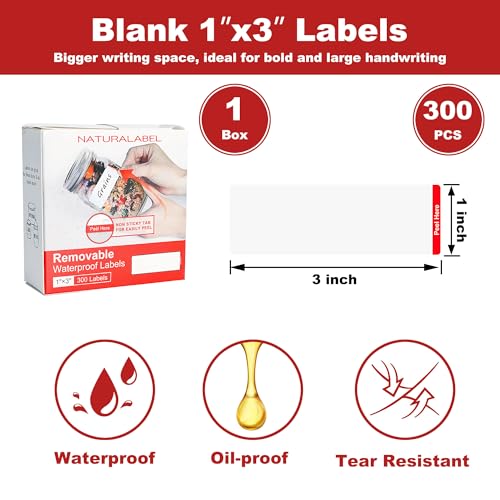 NATURALABEL 300 PCS Blank Removable Freezer Labels with Dispenser - 1" x 3" Food Labels for Meal Prep Containers Organizers, Easy Peel-Off Design, No Residue - color: Blank-red