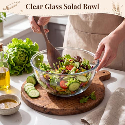 4.7 Qt Large Glass Mixing Bowl with Lid and Acacia Spoons Forks Salad Serving Glass Bowl Meal Prepping Container for Sourdough Bread Baking Fruit Kitchen Storage Marinating Brining Kimch