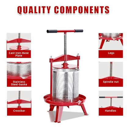 Manual Stainless Steel Fruit & Wine Press, 3.69 Gallon | Cider, Juice & Olive Oil Extractor, Wine Making Supplies, Cheese & Vegetable Processing, Easy T-Handle