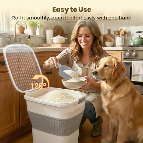 HOYTAMDAR 20-50Lbs Rice Container,Collapsible Food Storage Containers with Airtight Clear Lid,Wheels,Rice Storage Container with Small Bin and Scoop,Rice Dispenser for Flour Sugar Cereal Grain Dog Cat - color: Grey/20-50lbs