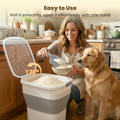 HOYTAMDAR 20-50Lbs Rice Container,Collapsible Food Storage Containers with Airtight Clear Lid,Wheels,Rice Storage Container with Small Bin and Scoop,Rice Dispenser for Flour Sugar Cereal Grain Dog Cat - color: Grey/20-50lbs