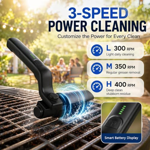 Rechargeable Electric Grill Brush, 3-Speed Cordless BBQ Cleaner with 2 Brush Heads, 8 Adjustable Angles, 360° Splash Shield, Stainless Steel Wire Brush for Gas/Charcoal Grills