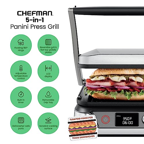 Chefman 5-in-1 Digital Panini Press Grill Sandwich Maker and Griddle Grill Combo with Removable, Reversible Dishwasher-Safe Grilling Plates, Opens 180° for Indoor BBQ /Flat Top Grill, Stainless steel - size: 4 Slice - Digital