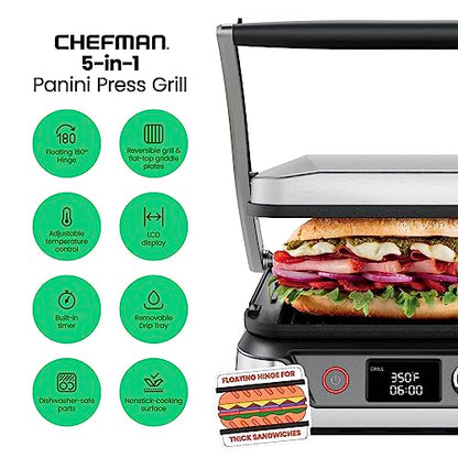 Chefman 5-in-1 Digital Panini Press Grill Sandwich Maker and Griddle Grill Combo with Removable, Reversible Dishwasher-Safe Grilling Plates, Opens 180° for Indoor BBQ /Flat Top Grill, Stainless steel - size: 4 Slice - Digital