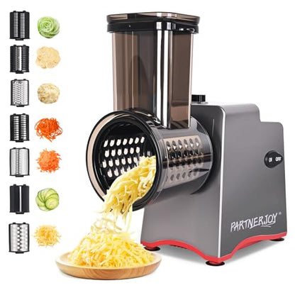 Electric Cheese Grater 250W, 7-in-1 Salad Maker & Vegetable Slicer Shredder with Widened Feeding Port for Block Cheese, Carrots, Potatoes & Fruits, Professional Food Grating Machine