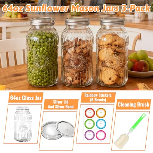64oz Glass Wide Mouth Mason Jars, 3 Pack with Sunflower Pattern | Large Half Gallon Mason Jars with Airtight Lids & Bands for Pantry, Canning, Fermenting & Pickling or Storing - color: Clear-64oz-3pcs-01