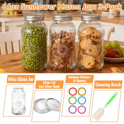 64oz Glass Wide Mouth Mason Jars, 3 Pack with Sunflower Pattern | Large Half Gallon Mason Jars with Airtight Lids & Bands for Pantry, Canning, Fermenting & Pickling or Storing - color: Clear-64oz-3pcs-01
