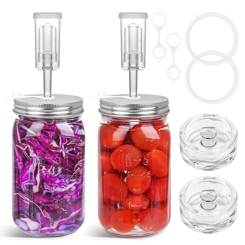 32 oz Mason Jar Fermentation Kit,Sauerkraut/Pickling Kit with 2 Pack Fermentation Jars, 2 Fermentation Lids, 2 Fermenting Weights and Airlocks(2 Jars Included) - color: Silver