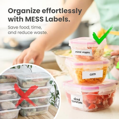 MESS Removable Food Labels for Containers (96-Pack) 1x3" & 1.5" Erasable Kitchen Labels for Organizing, Freezer & Fridge, White Dry Erase Labels for Jars | Freezer and fridge safe, waterproof, wipe clean with marker, no residue, reusable, pantry jars, spi