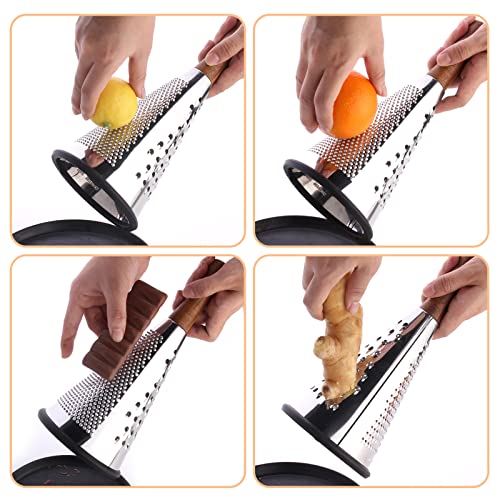 Cone Cheese Grater with Handle Stainless Steel Triple Function Wood Handle Parmesan Shaver Non-Slip Rubber Bottom Hand Held Multifunction Vegetables Cheese Grater with container (L: 10.6" X 4.7") - size: Size L: 10.6" X 4.7"