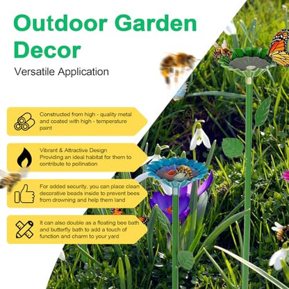 4 Pack Metal Bee Watering Station for Garden, Flower-Shaped Bee Cups, Durable Bird Bath & Butterfly Feeders for Outdoors Yard Decor (Red, Green, Blue, Yellow)