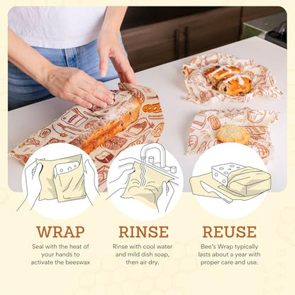Bee's Wrap Beeswax Wraps for Food - 3 Pack of Assorted Beeswax Wraps - Small, Medium & Large Wrap - Plastic Free Made in USA Reusable Natural Food Wrap - Bakery Lane Print - style: 3 Pack (Bakery Lane)