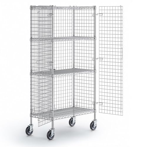 18" x 36" x 69" NSF Heavy Duty Mobile Chrome Wire Shelves with Security Cage Kit, 4 Tier Metal Commercial Storage Rack with Wheels - color: Grey, size: 18" x 36" x 69" with Wheels