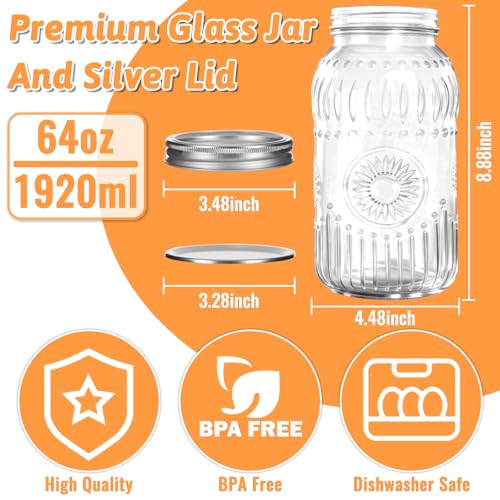 64oz Glass Wide Mouth Mason Jars, 3 Pack with Sunflower Pattern | Large Half Gallon Mason Jars with Airtight Lids & Bands for Pantry, Canning, Fermenting & Pickling or Storing - color: Clear-64oz-3pcs-01