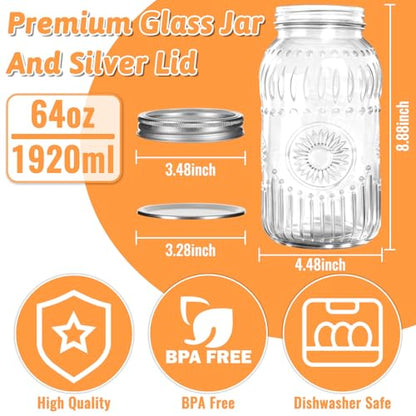 64oz Glass Wide Mouth Mason Jars, 3 Pack with Sunflower Pattern | Large Half Gallon Mason Jars with Airtight Lids & Bands for Pantry, Canning, Fermenting & Pickling or Storing - color: Clear-64oz-3pcs-01