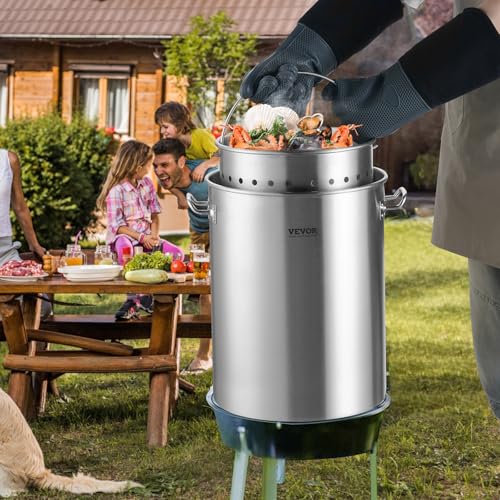VEVOR Stainless Steel Stockpot, 36 Quart Cooking Pots, Cookware Sauce Pot with Basket, Lid, and Handle, Heavy Duty Commercial Grade Stock Pot, Sanding Treatment, for Steaming Boiling or Frying Silver - size: 35.9 Quarts