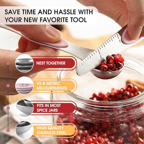 Spring Chef Stainless Steel Magnetic Measuring Spoons Set of 8 with Leveler, Dual Sided Teaspoon & Tablespoon Measuring Spoons with Strong Magnets, Kitchen Gadgets for Baking & Cooking - Pink Lemonade - color: Pink Lemonade, size: 1-Pack