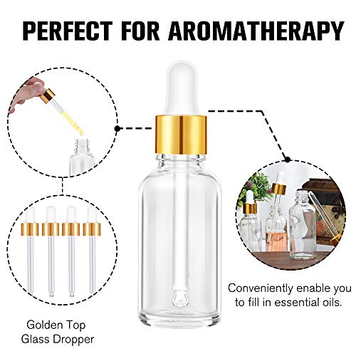 PrettyCare Glass Eye Dropper Bottles 2oz (60ml), 63 Pack Clear Empty Thick Bottles Bulk with Leakproof Golden Caps - With Labels & Funnels for for Storage, Travel,Essential Oils, DIY Serums, Tincture - color: 2oz Clear, style: 63 Pack