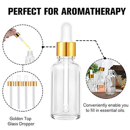 PrettyCare Glass Eye Dropper Bottles 2oz (60ml), 63 Pack Clear Empty Thick Bottles Bulk with Leakproof Golden Caps - With Labels & Funnels for for Storage, Travel,Essential Oils, DIY Serums, Tincture - color: 2oz Clear, style: 63 Pack