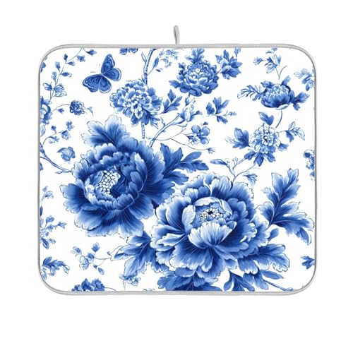Blue and White Peony Flowers Butterfly Dish Drying Mat for Kitchen Counter Drainer Rack Mats for Dishes Washable Absorbent Draining Heat Resistant Pad for Countertop 16 x 18 - color: Blue and White Peony Flowers Leaf, size: 16'' x 18''