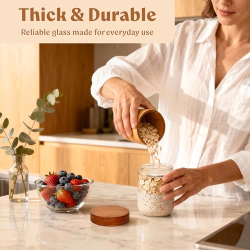 EDELHAUS Overnight Oats Containers with Lids Acacia (4 x 16oz) Glass Jars for Oatmeal, Meal Prep, Food Storage | Leak-Proof Mason Jars for Oats, Cereal, Yogurt, Chia Pudding [Thicker Glass 3mm] - color: Acacia Lid no Spoons