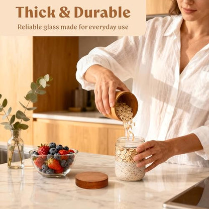 EDELHAUS Overnight Oats Containers with Lids Acacia (4 x 16oz) Glass Jars for Oatmeal, Meal Prep, Food Storage | Leak-Proof Mason Jars for Oats, Cereal, Yogurt, Chia Pudding [Thicker Glass 3mm] - color: Acacia Lid no Spoons