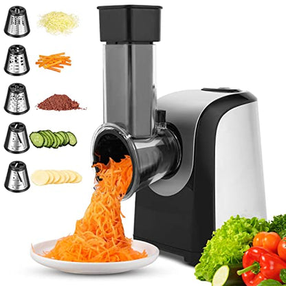 Electric Cheese Grater 5-in-1, 150W Salad Shooter & Food Slicer | Vegetable Shredder & Food Processor with 5 Stainless Steel Cones for Block Cheese, Carrots, Cabbage & Nuts, BPA-Free