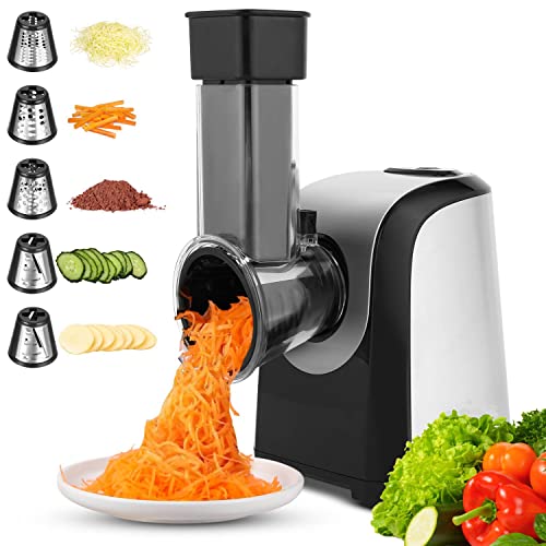 Electric Cheese Grater 5-in-1, 150W Salad Shooter & Food Slicer | Vegetable Shredder & Food Processor with 5 Stainless Steel Cones for Block Cheese, Carrots, Cabbage & Nuts, BPA-Free