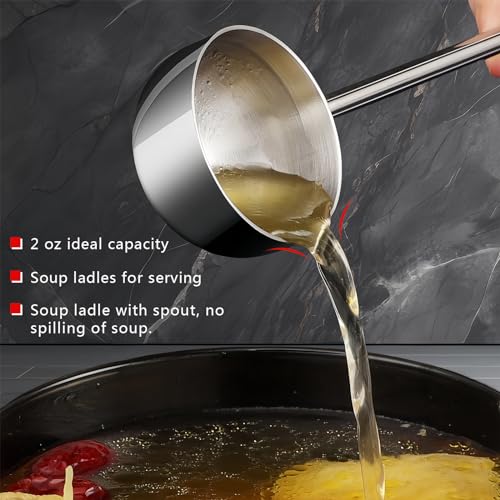 Small Soup Ladle SUS304 Stainless Steel Metal Deep Spoon With Pour Spout 2 oz Long Handle Gravy Ladles Heat-Resistant for Kitchen Cooking Serving Soups and Drizzle Sauces 2 Pack Set (10.5 inch)