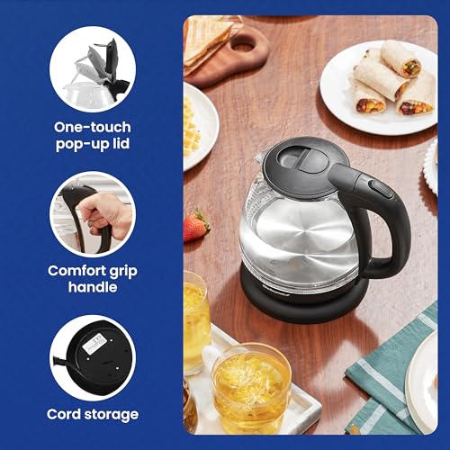 Elite Gourmet EKT1001B Electric 1.0L BPA-Free 1100W Glass Kettle Cordless 360° Base, Stylish Blue LED Interior, Handy Auto Shut-Off Function – Quickly Boil Water For Tea & More, Graphite Black - size: 1.1 Quarts