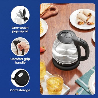 Elite Gourmet EKT1001B Electric 1.0L BPA-Free 1100W Glass Kettle Cordless 360° Base, Stylish Blue LED Interior, Handy Auto Shut-Off Function – Quickly Boil Water For Tea & More, Graphite Black - size: 1.1 Quarts
