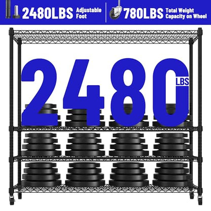 REIBII 2480LBS Capacity Heavy Duty Storage Shelves with Wheels, 1-Inch (25.4mm) Steel Tube, Adjustable Wire Shelving for Garage, Warehouse, Pantry & Commercial Use, 75.6" H x 55.5" W x 24" D - color: Black
