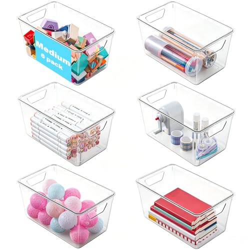 6 Pack Medium Clear Storage Bins with Lids, Acrylic Arts and Craft Storage Containers, Stackable Clear Plastic Craft Storage Bins with Handles for Pantry Organizers and Storage, Kitchen, Fridge,Office - color: Medium