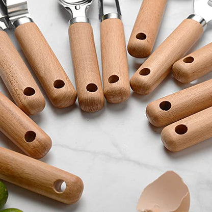 9pcs Kitchen Gadget Set with Wooden Handle, Stainless Steel Cooking Tools Kitchen Accessories Pizza Cutter, Egg Whisk, Vegetable Peeler, Can Opener, Garlic Press - color: Gadget Set