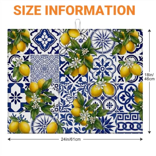 Absorbent Kitchen Dish Drying Mat Quick Dry Heat Resistant Hide Stain for Glasses Coffee Espresso Machines Pots Pans and Dish Racks,18" x 24" Blue White Lemon Tile Bohemia Pattern - color: Blue White Lemon Tile Bohemia