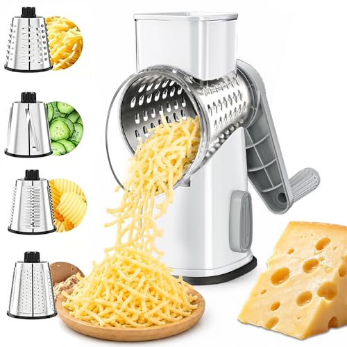 VEKAYA Rotary Cheese Grater Hand Crank with 4 Interchangeable Stainless Steel Blades, Large Manual Handle Shredder and Waffle Slicer for Vegetables, Cheese and Nuts with Table Suction Base(White Grey) - color: White Grey