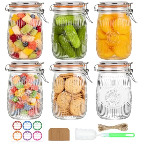 32oz Mason Jars with Airtight Lids, 6 Pack Wide Mouth Canning Jars with Clamp Lid, Quart Glass Canisters for Kitchen Storage, Pickling, Coffee, Cereal, Sugar, Flour, Beans