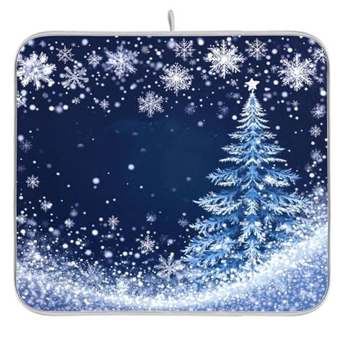 Christmas Tree Blue Dish Drying Mat for Kitchen Countertop 16x18 Winter Snowflake Silver Xmas Small Drying Mat Reusable Quick Dry Dish Sink Mats Easy Clean Decorative Essentials - size: 16x18(in)x1