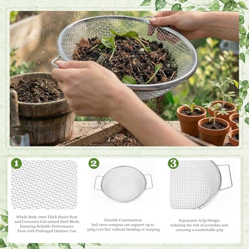 2PCS Soil Sifter for Gardening with Handle,Stainless Steel Rock Compost Soil Sifter for 5 Gallon Bucket,1/4in,1/8in Mesh Garden Sifting Screen Gravel Sawdust Vermicompost with Repotting Mat - size: 2-Piece Set (1/4", 1/8" Mesh)