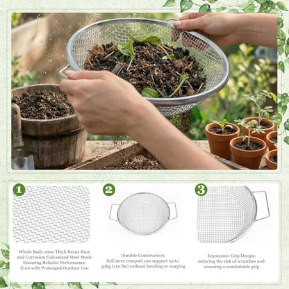 3PCS Soil Sifter for Gardening with Handles - Rock Compost Dirt Sifter for 5 Gallon Bucket, 1/4in,1/8in,3/8in Mesh Garden Sifting Screen Gravel Sawdust Vermicompost with Repotting Mat - size: 3-Piece Set (1/4", 1/8", 3/8" Mesh)