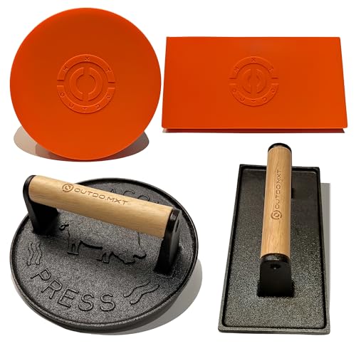 Cast Iron 7" & 8.5" X 4.3" Smash Burger Press, Heavy Duty Burger Smasher with Wooden Handle and Silicone Protective Cover for Griddle,Grill Press for Hamburger, Bacon, Barbecue Grilling Tool - size: Cast Iron Round & Rectangle