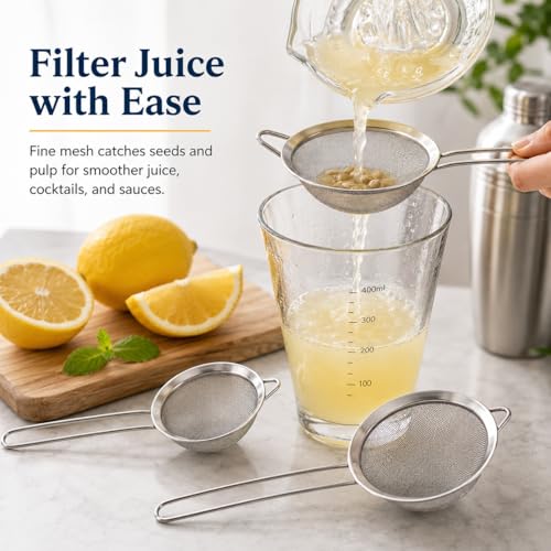 HiramWare Fine Mesh Strainer Set of 3, Premium Stainless Steel Colander with Handle, Large, Medium, Small Sieve for Tea, Pasta, Rice, Fruits, Berries, Flour, Veggies, Metal Sifter for Kitchen - size: Large + Medium + Small