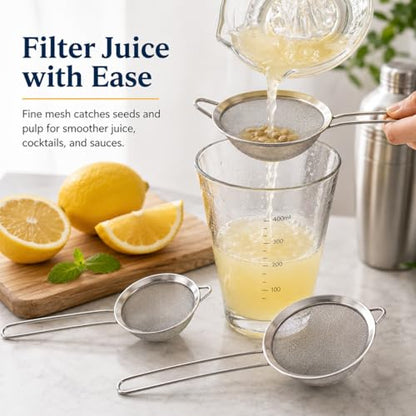HiramWare Fine Mesh Strainer Set of 3, Premium Stainless Steel Colander with Handle, Large, Medium, Small Sieve for Tea, Pasta, Rice, Fruits, Berries, Flour, Veggies, Metal Sifter for Kitchen - size: Large + Medium + Small