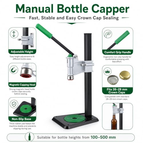 Adjustable Bench Lever Bottle Capper, Metal Press Bottle Sealing Tool, Manual Bottle Closure Device for Home Brewing, Soda & Craft Beverage Bottling