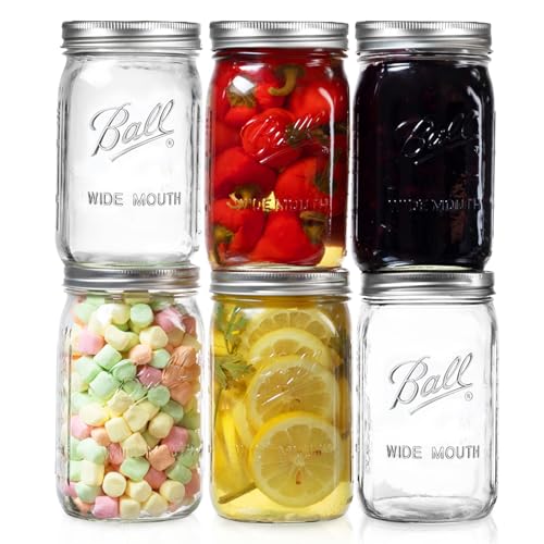 Ball Wide Mouth Mason Jars 32 oz. (6 Pack) - Quart Size Jars with Airtight Lids and Bands for Canning, Fermenting, Pickling, Meal Prep or DIY Decors and Projects Bundled with Peaknip Jar Opener