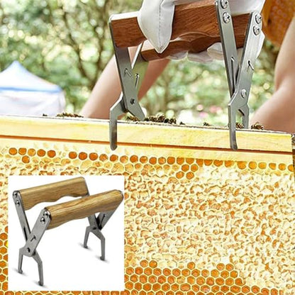 Beehive Frame Holder - Stainless Steel Beekeeping Tool with Wooden Handle, Secure Frame Grip for Beekeepers, Reduces Hand Fatigue, Easy One-Hand Operation