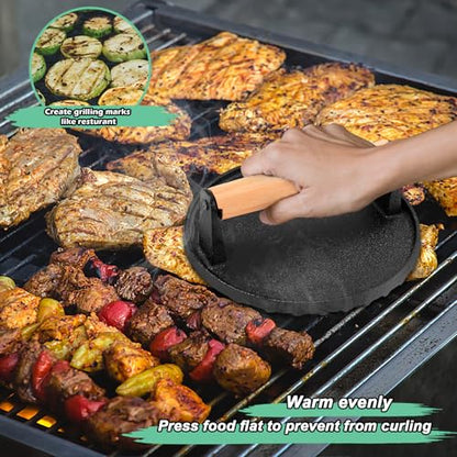HaSteeL Cheese Melting Dome & Burger Press, Stainless Steel Basting Steaming Cover & Round Cast Iron Bacon Press, Ideal for Flat Top Griddle Grill Hibachi Stove Barbecue, Heavy Duty & Easy to Clean - style: Rectangular Lid & 7" Press