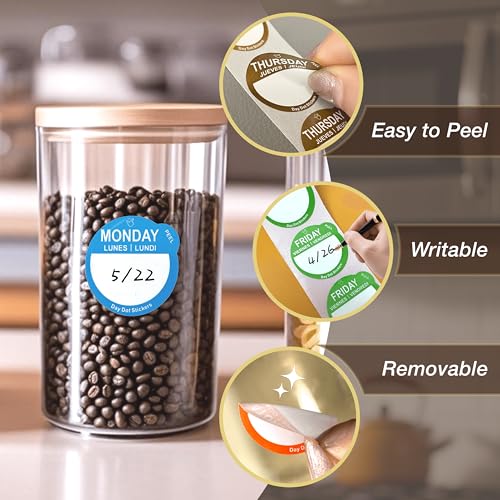 Day Dots Food Labels, 1 Inch 7000 Pcs Removable Date Stickers for Food, 7 Rolls Wmiwulien Day Labels for Restaurant Kitchen Containers, Self Adhesive Day Dot Sticker - color: Day Dots Food Labels