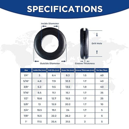 Rubber Grommets kit for Wiring- 205pcs Assorted in 9 Sizes 1",1/2",1/4", 3/4", 3/8", 5/8", 5/16", 7/8",7/16 "-Waterproof & Tear Resistant Firewall Grommets Perfect for Safe Sealing in Automotive. - size: 9 Sizes-205pcs