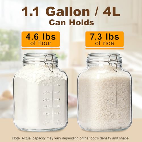 2 Pack 1.1 Gallon Square Super Wide Mouth, Airtight Glass Storage Jars, with Measurement Marks, Leak-Proof Lids for Kitchen Pantry, Canning, Dry Food (Flour, Sugar) & Drinks - size: Wide Mouth Set of 2